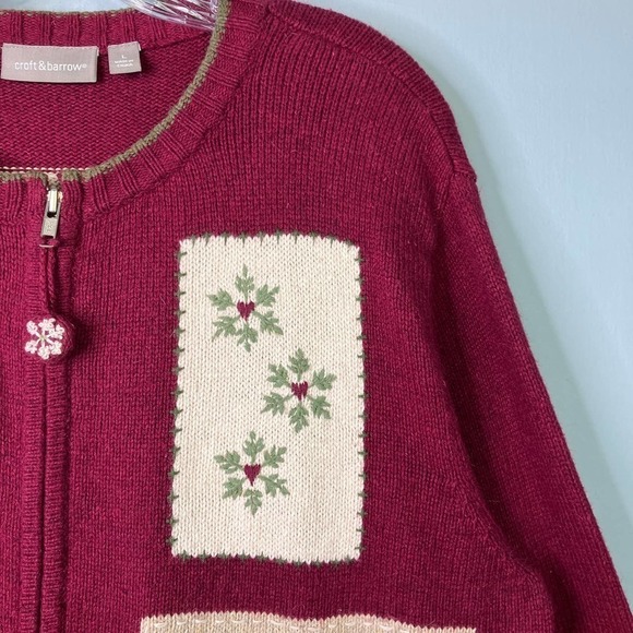 Croft & Barrow Wool Angora Snowman Christmas Tree Burgundy Full Zip Sweater Sz L - Picture 6 of 16